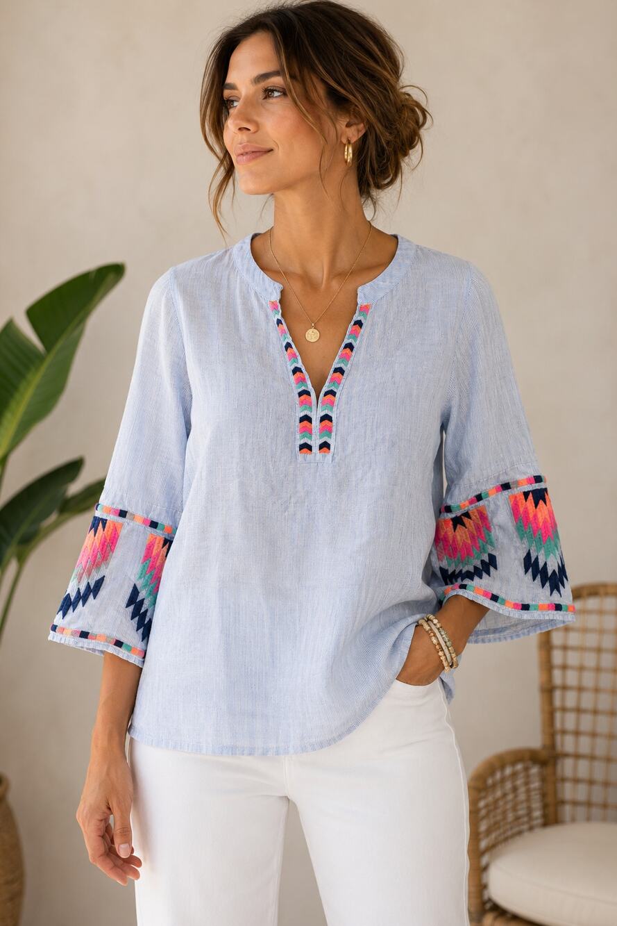 Vilagallo Size 42 Blue Linen Embroidered Bell Sleeve Boho Blouse Top